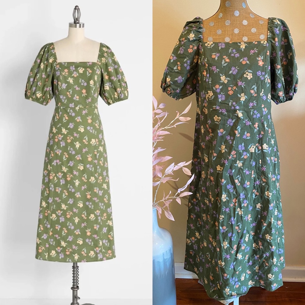 ModCloth Linen “Princess Highway” • Green Floral Puffed Sleeve Midi Dress